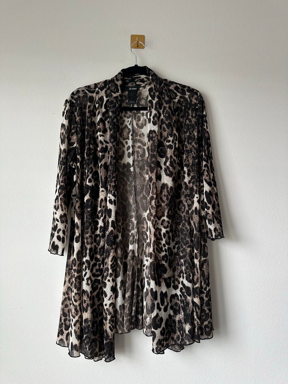 Ali Miles Leopard Print Mesh Open Front Cardigan Duster Y2K Sheer Size L